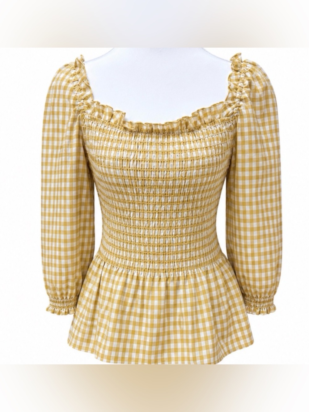 Max Studio Gingham Smocked Peplum Top Puff Sleeve Square Neck NWT  Size L - Picture 2 of 13